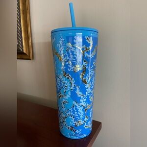 Lilly Pulitzer travel DRINK TUMBLER & STRAW Turtley Awesome 24 oz Blue Gold EUC